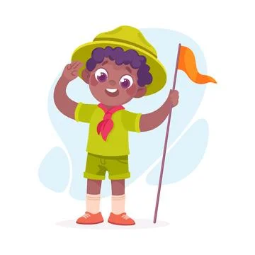 Boy Scout Character in Hat Stand with Flag Pole Vector Illustration Stock Illustration