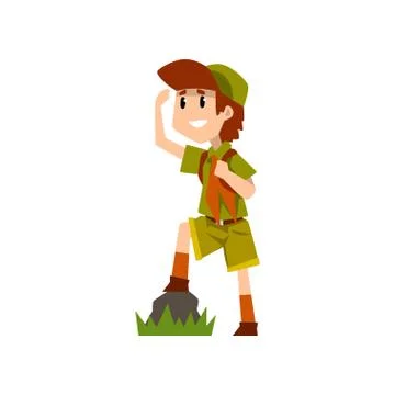 Boy scout character in uniform observing something from a distance, outdoor Illustrazione stock