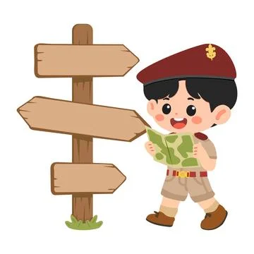 Boy Scout With Map And Signpost Exploring Outdoors イラスト素材