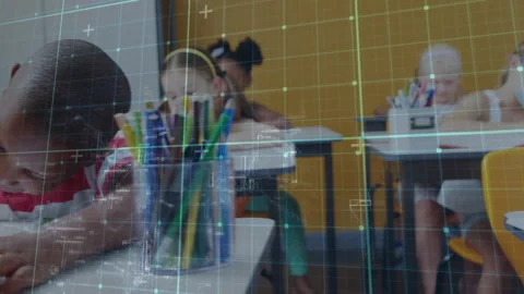 Boy scribbling on desk sparking grid overlay in school while girl balancing Stock Footage 314790913