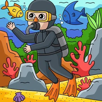 Boy Scuba Diving Summer Colored Cartoon Stock Illustration
