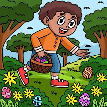 Boy Searching for Easter Egg Colored Cartoon Ilustración de archivo