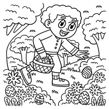 Boy Searching for Easter Egg Coloring Page Stock Illustration