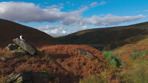 Boy seated on sizable rock, deep in contemplation. Aerial footage circling .. 库存影片 254164139