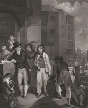 A boy seeks work at a dock yard in the late 18th century.  After a print by Jean Stock Illustration