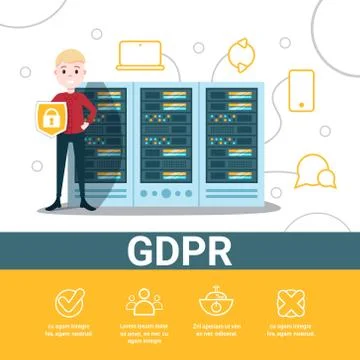 Boy with shield on data storage center with hosting servers and staff over white 스톡 일러스트