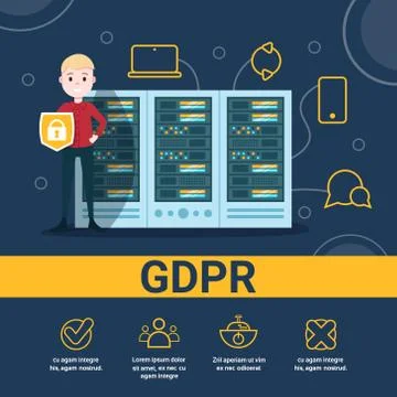 Boy with shield on data storage center with hosting servers and staff over blue Illustrazione stock