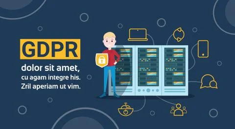 Boy with shield on data storage center with hosting servers and staff over blue 스톡 일러스트