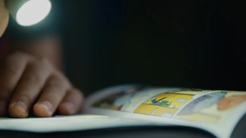 Boy shining a flashlight at a comic book outdoors at night Stock Footage 275280474