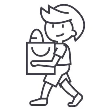 Boy with shopping bag vector line icon, sign, illustration on background Stock Illustration