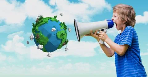 Boy shouting in megaphone by low poly earth Foto stock