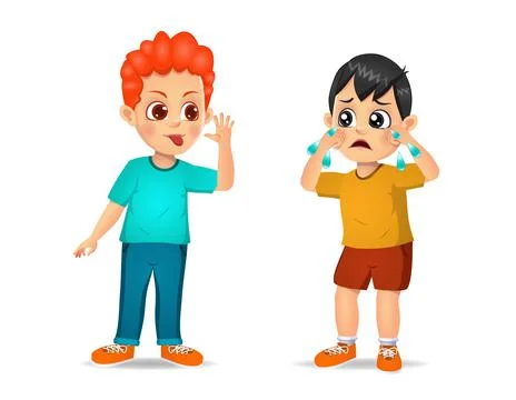 Boy showing grimace face to boy until he cry Stock Illustration