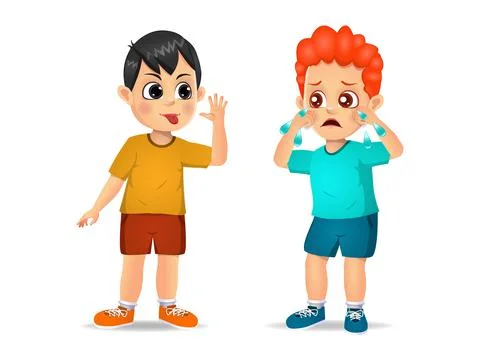 Boy showing grimace face to boy until he cry Stock Illustration