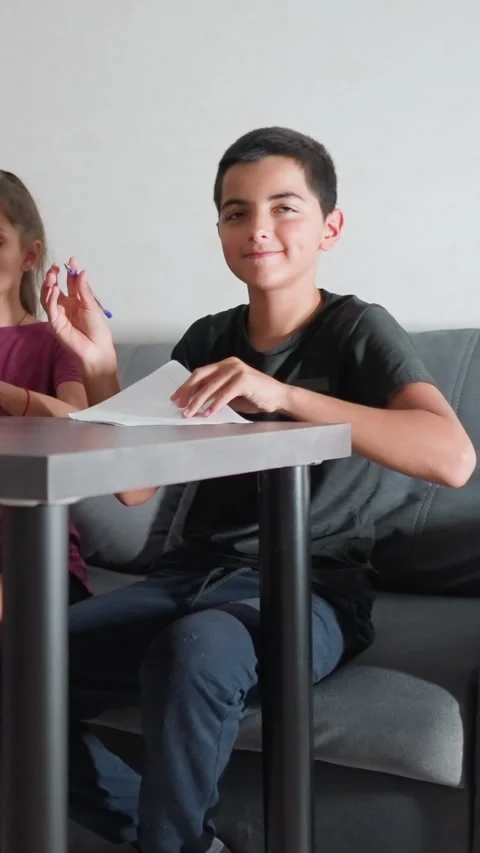 Boy shows completed homework to someone as sister watches in living room Stock Footage 320354360