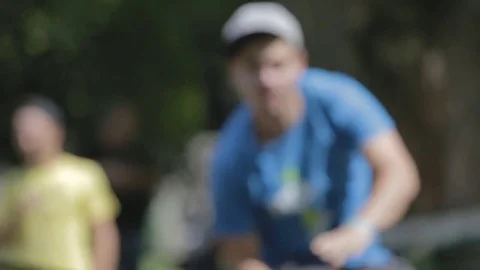 Boy shows extreme tricks on tight slackline within slacklinefest Stock Footage 83590186