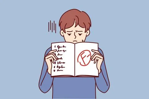 Boy shows school notebook with bad mark from teacher and looks down Stock Illustration