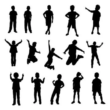 Boy silhouettes set in different movements, Collection of kids silhouette. Stock Illustration