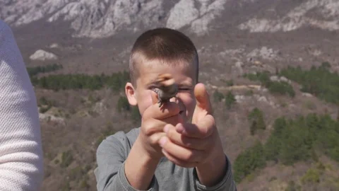 Boy simure shooting with a rifle by a tree branch Stock Footage 124715837
