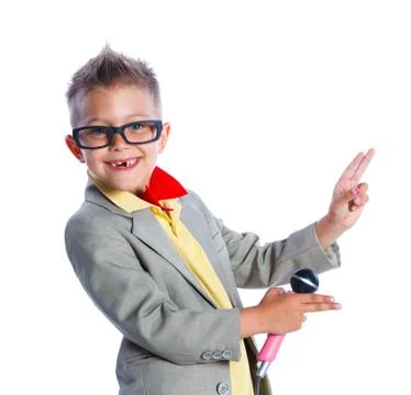 Boy singing with a microphone 写真素材