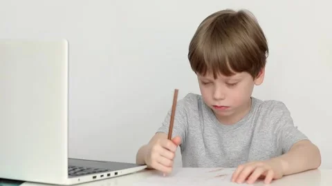 Boy sit at table studying at home online use laptop Stock Footage 237919578