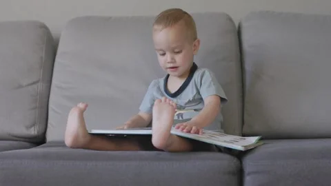 Boy sits on couch flipping through encyclopedia discovering facts about world Stock Footage 284673435