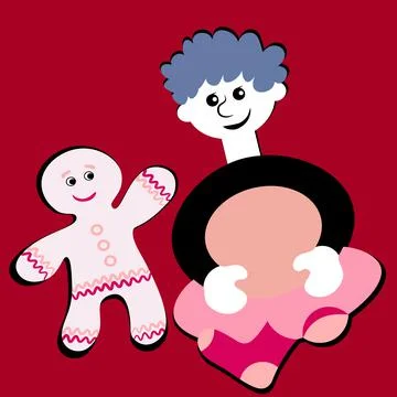 The boy sits cross-legged and smiles at the gingerbread man. Design element Stock-Illustration