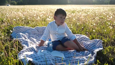 A boy sits in a field and opens a bottle of water. Healthy eating. Clean water Stock Footage 156034250