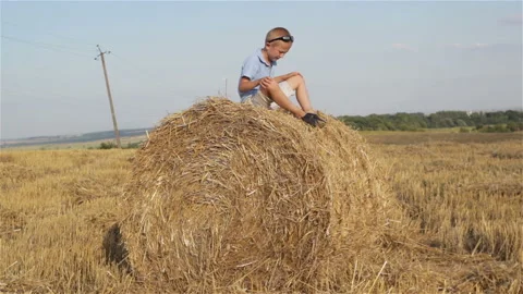Boy sits on the hay in the field Stock Footage 103159198
