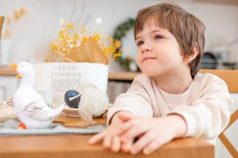 A boy sits at kitchen of rustic style with Easter decorations Stock Photos