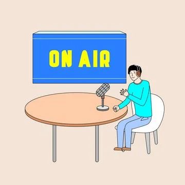 Boy sits at a table with a microphone and broadcast in the studio Stock Illustration
