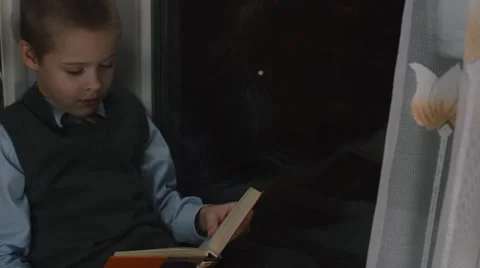 A boy sits on a window Stock Footage 57461670