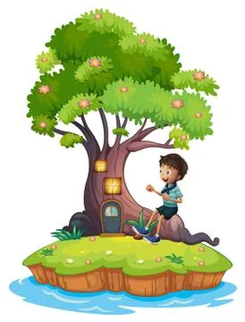 A boy sitting above the roots of a tree amazed by the treehouse イラスト素材