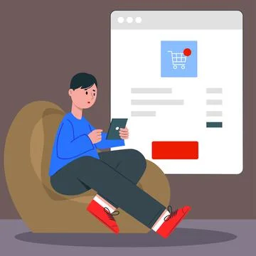 Boy is sitting accessing smartphone looking for groceries, concept illustrati Stock Illustration
