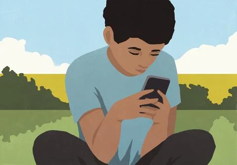 Boy sitting and using smart phone in park Stock Illustration