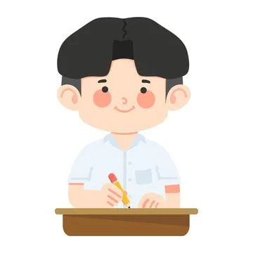 Boy is sitting and writing at the table 스톡 일러스트