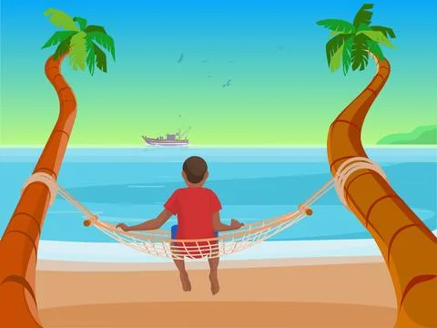 Boy Sitting on Beach Side Stock Illustration