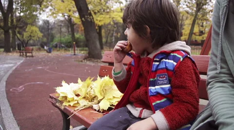 Boy sitting on the bench and eating biscuit, steadycam shot, slow motion 240fps Stock-Footage 44902889