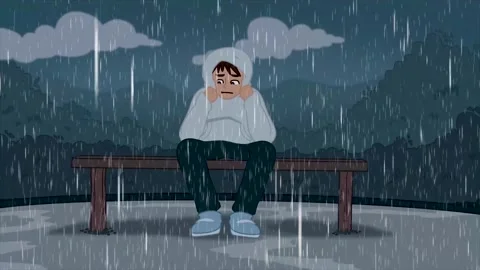 Boy Sitting Bench Rainy Day Animation Mental Health Concept 스톡 동영상 333166624