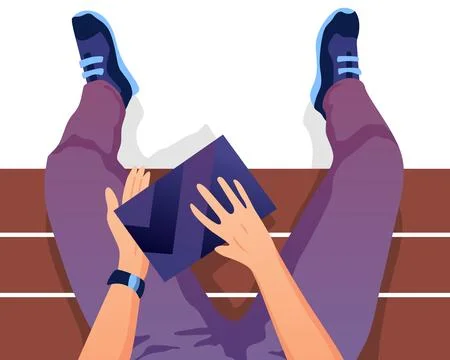 Boy sitting on bench vector illustration of university. Legs top view on white Stock Illustration
