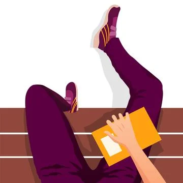 Boy sitting on bench vector illustration of university. Legs top view on white Illustrazione stock
