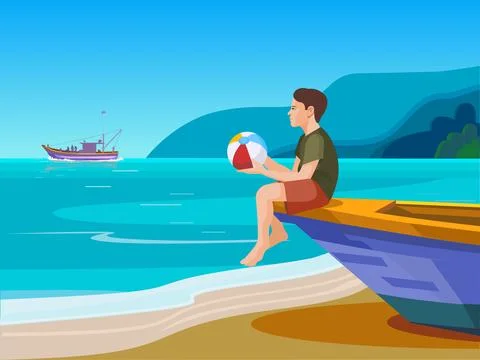 Boy Sitting on A Boat Stock Illustration