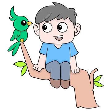 Boy sitting on a branch with a parakeet interacting, doodle icon image kawaii Stock Illustration