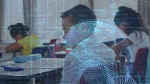 Boy sitting center turning head responding to framing in school, globe overlay Stock Footage 333510544