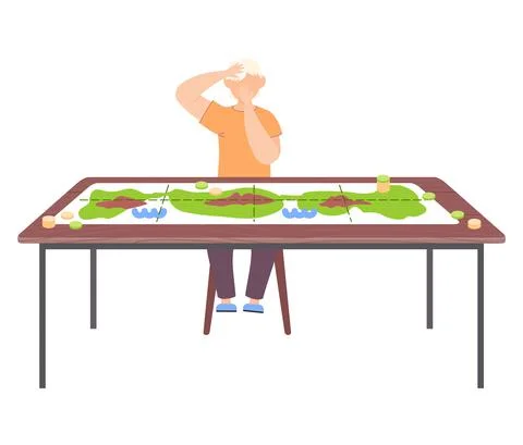 Boy sitting on chair next to table with colored board game with green map, chips Stock Illustration