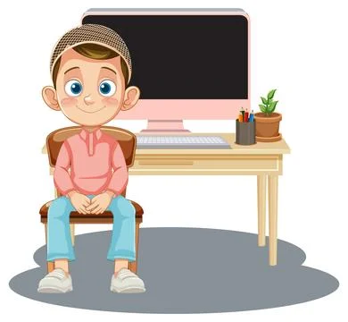 Boy Sitting by Computer Desk 스톡 일러스트