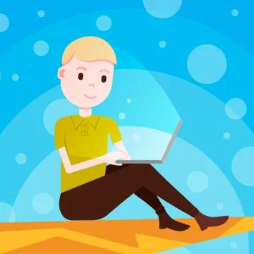 Boy sitting at computer hacker activity concept on yellow background viruses Illustrazione stock