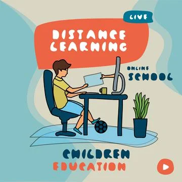 A boy is sitting at the computer. A hand comes out of the monitor. Distance l Stock Illustration