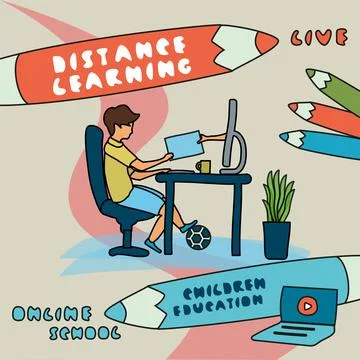 A boy is sitting at the computer. A hand comes out of the monitor. Distance l Stock Illustration