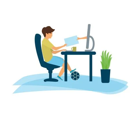 A boy is sitting at the computer. A hand comes out of the monitor. Distance l Stock Illustration