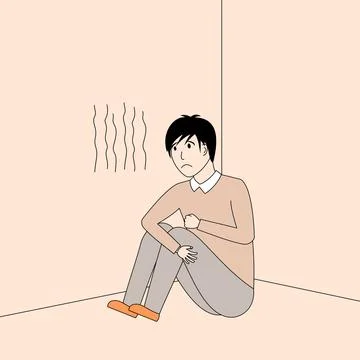 Boy is sitting in a corner with his head down Stock Illustration
